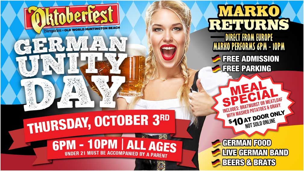 German Unity Day on Thursday, October 3, 6pm-10pm, All Ages at Biergarten Old World Huntington Beach