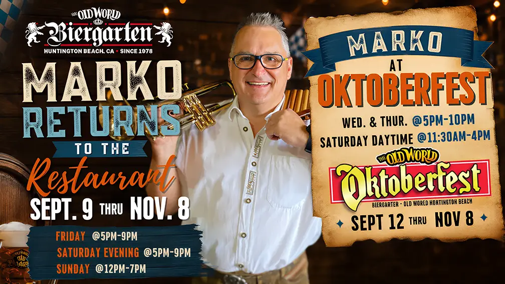 Marko (One Man Band) Returns to Old World Restaurant and Oktoberfest Sept. 9 through Nov. 8, 2026