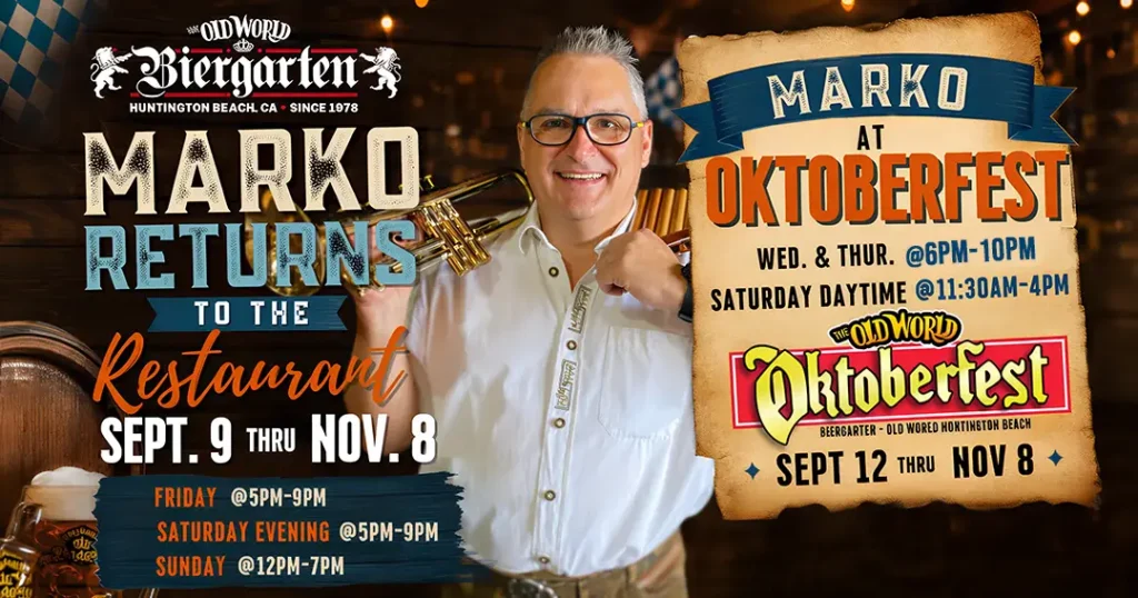 Marko (One Man Band) Returns to Old World Restaurant and Oktoberfest Sept. 9 through Nov. 8, 2026