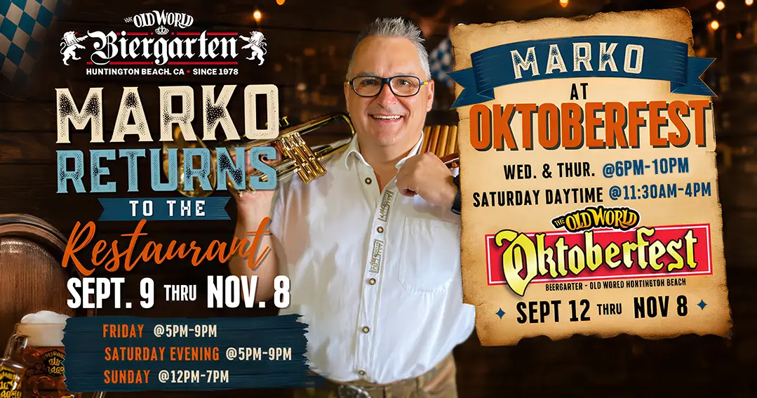Marko (One Man Band) Returns to Old World Restaurant and Oktoberfest Sept. 9 through Nov. 8, 2026